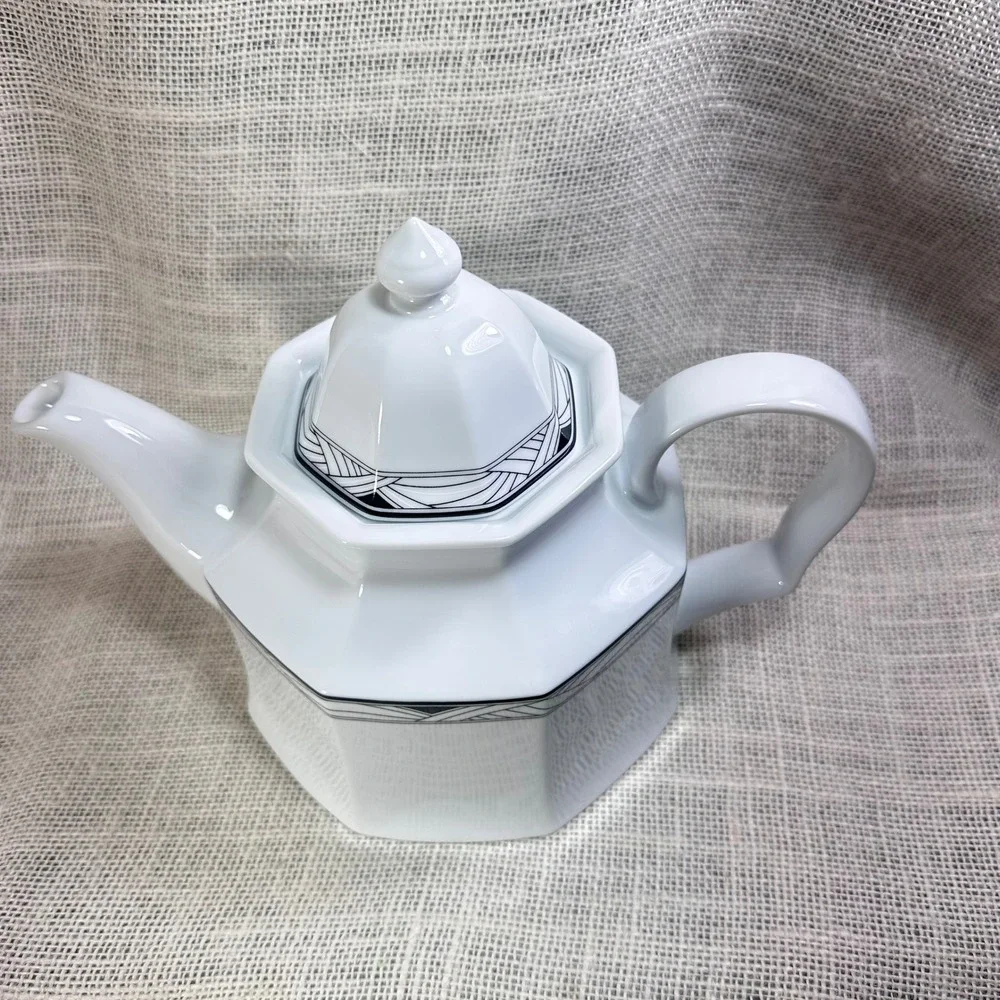 Studio Nova Synthesis Y0031 Teapot White Octagonal Art Deco Black Trim Porcelain